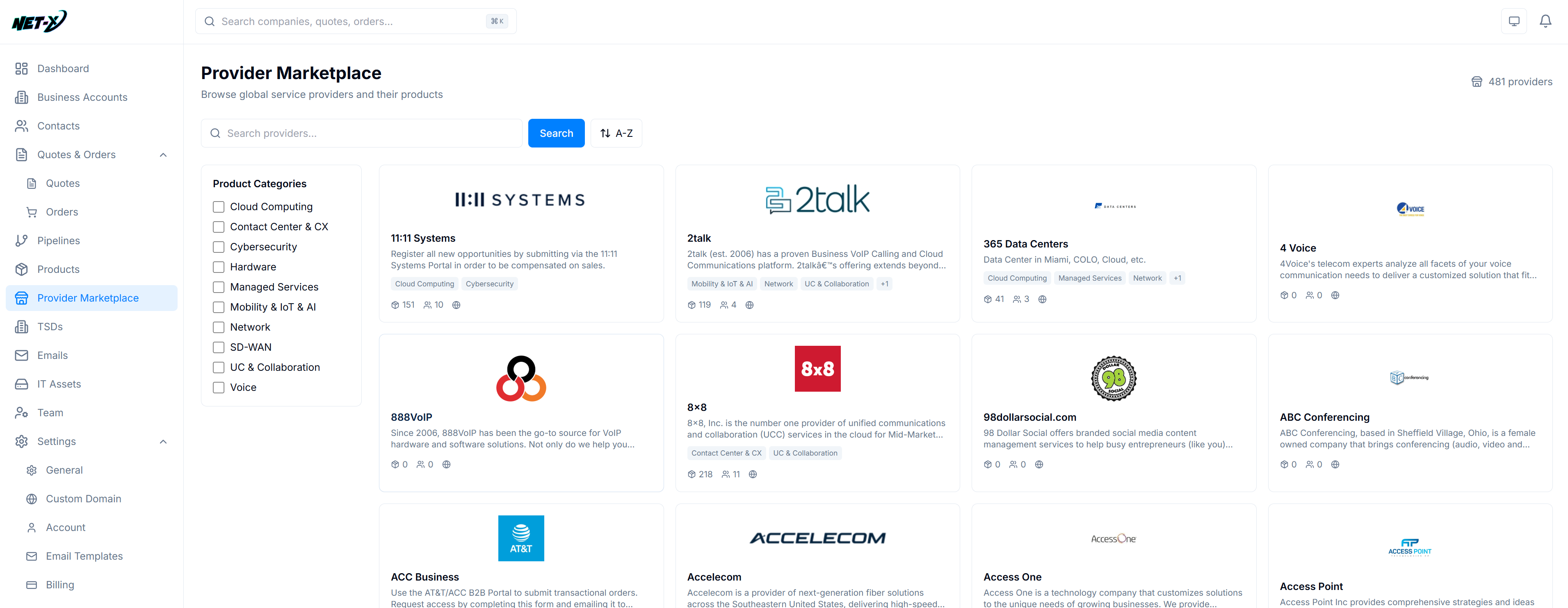 The Net-X provider marketplace with category filters and provider profiles