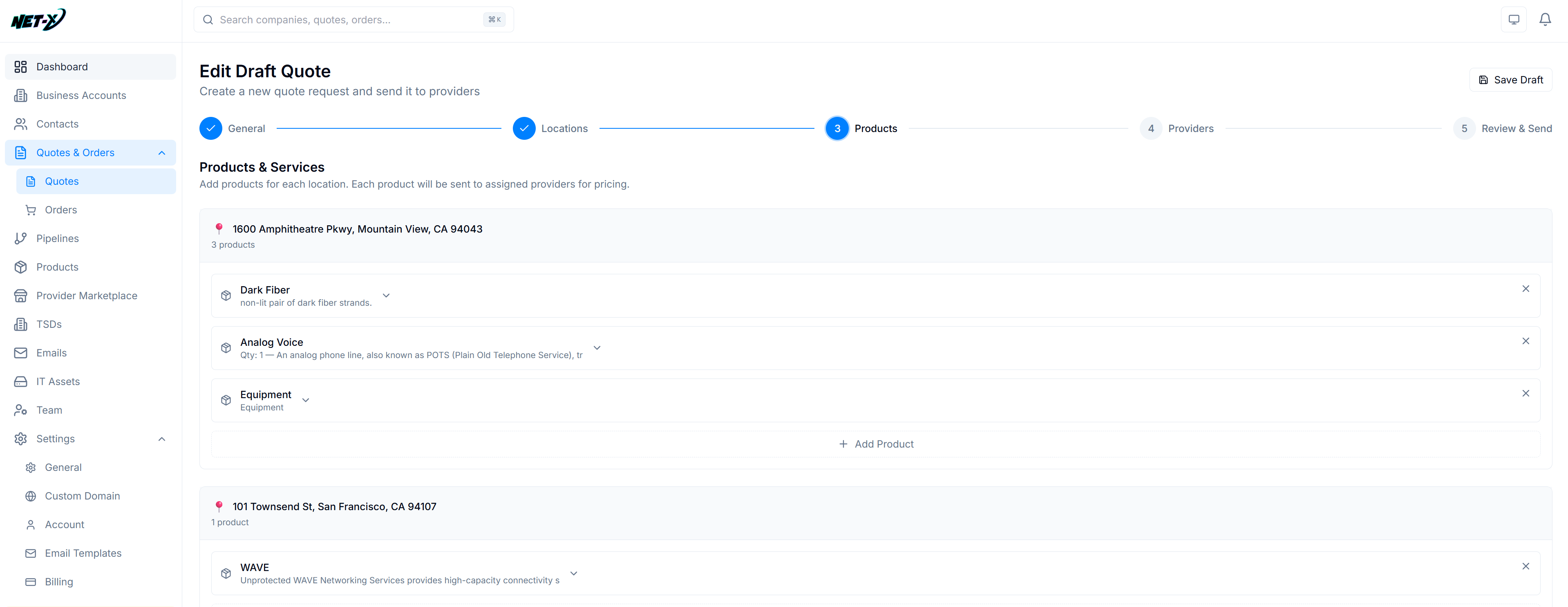 The Net-X quote builder: locations, products, and providers in a guided wizard